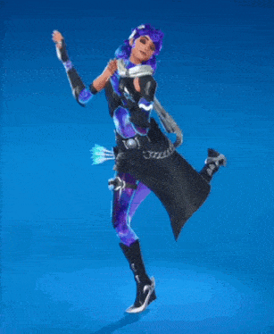 a person with purple hair and a scarf around their neck is standing in front of a blue background
