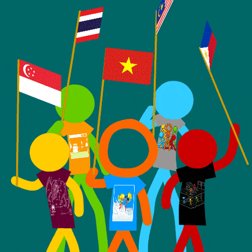 a group of stick figures are holding up flags from various countries