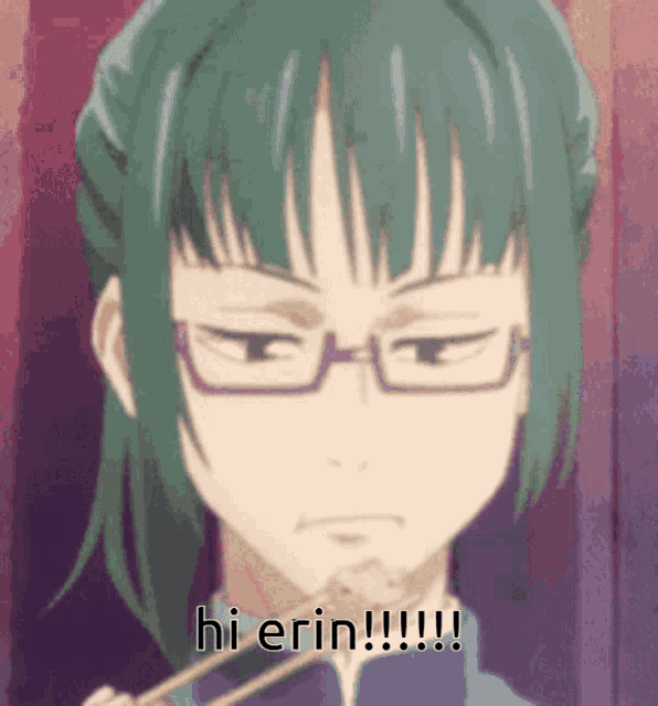 a girl with green hair and glasses says hi erin