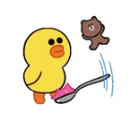 a cartoon duck and a brown bear are standing next to each other and a spoon .