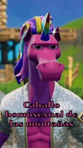 a pink unicorn with a rainbow mane and horn is standing in front of a house .