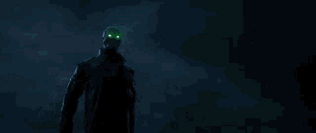 a zombie with green eyes is standing in front of a lightning strike