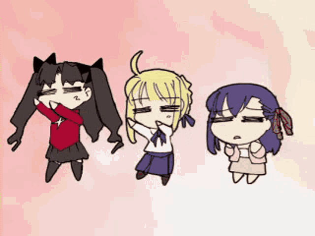 a group of three anime characters are standing next to each other .
