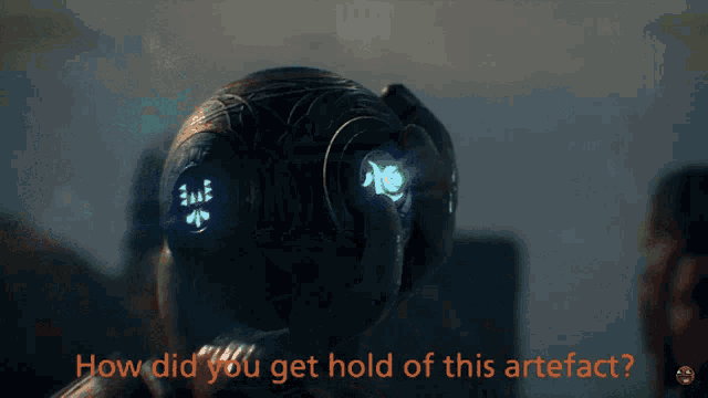 a person holding a sphere with the words " how did you get hold of this artefact " below it