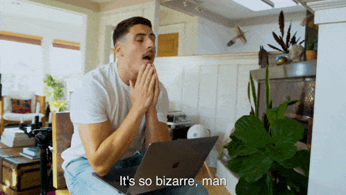 a man sitting in front of a laptop with the words it 's so bizarre man above him