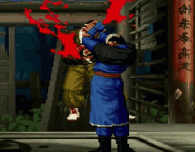 a man in a blue robe is holding another man 's head in a video game scene