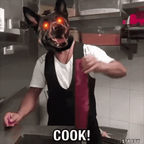 a man with a dog 's head is cooking a steak and the words cook are on the counter