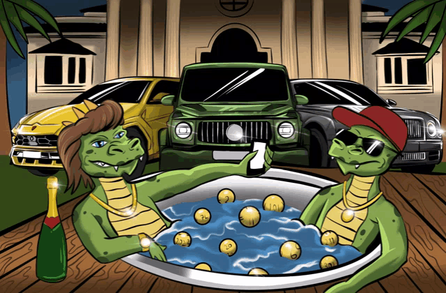 a cartoon of two lizards in a bathtub with a bottle of champagne