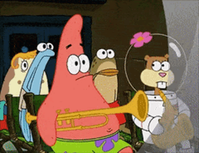 patrick star is playing a trumpet in a cartoon