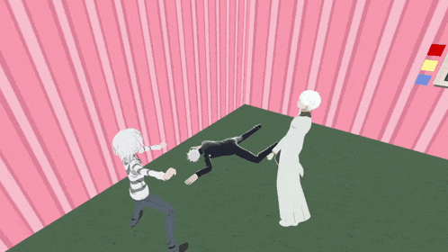 three anime characters are standing in a room with pink stripes on the walls