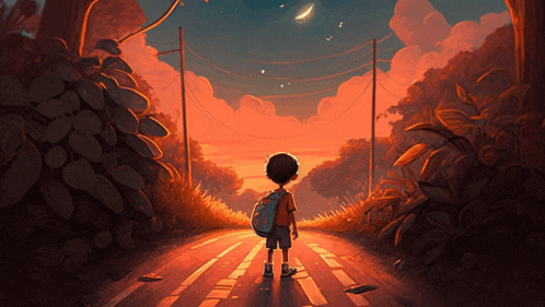 a boy with a backpack stands on the side of a road