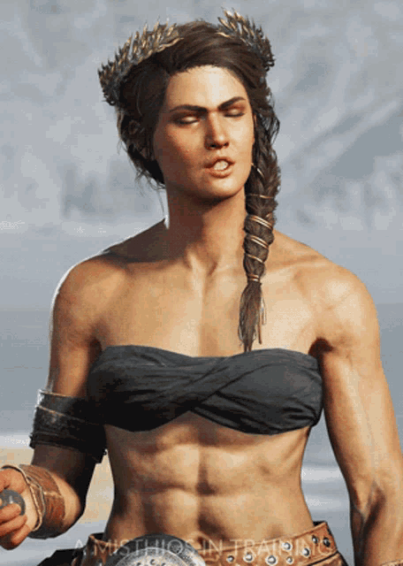 a woman wearing a braided ponytail and a laurel wreath on her head with the words mythos in training below