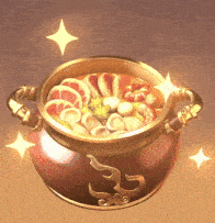 a pot filled with a variety of food is surrounded by glowing stars .