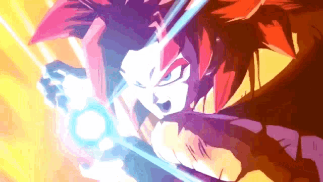 a cartoon character with red hair and blue eyes is holding a blue ball in his hand