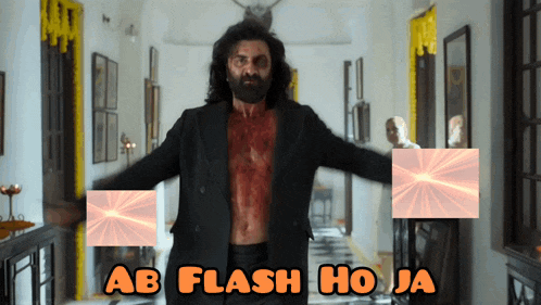 a man without a shirt is standing in a hallway with ab flash ho ja written on the bottom