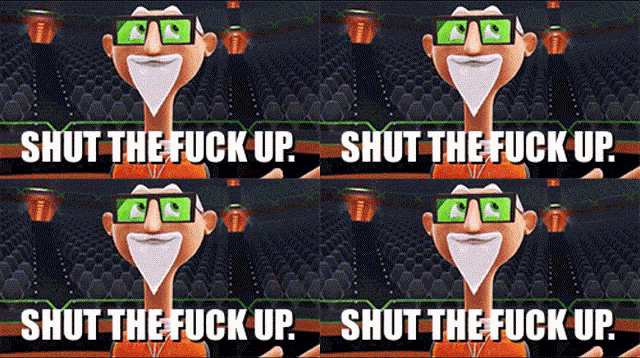 a cartoon character is wearing 3d glasses and says " shut the fuck up "