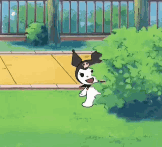 a cartoon character is standing in the grass behind a bush .