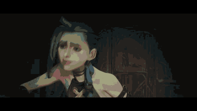 a cartoon character with blue hair and braids is standing in front of a door .