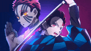 a couple of anime characters standing next to each other holding swords