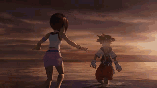 a boy and a girl standing on a beach with their arms outstretched