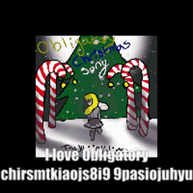 a drawing of a girl standing in front of a christmas tree