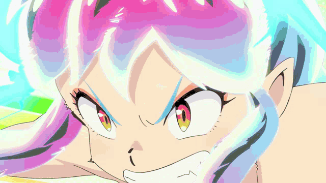 a close up of a girl 's face with pink hair