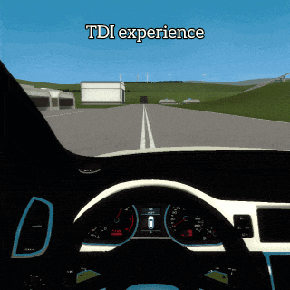 a screenshot of a car driving down a road with the words tdi experience at the top