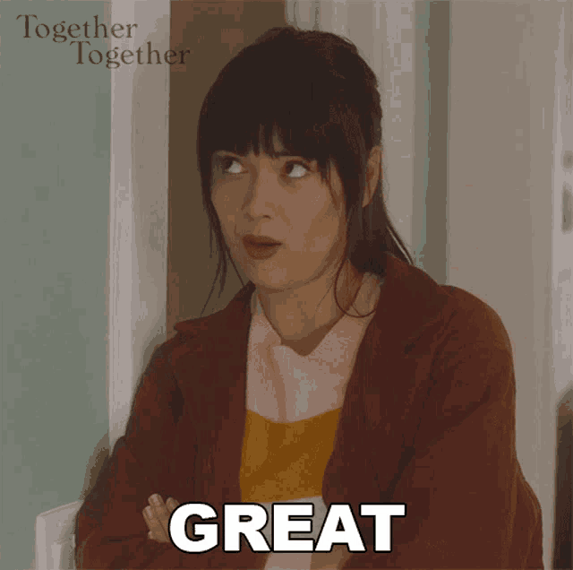 a woman with a surprised look on her face and the word great in black