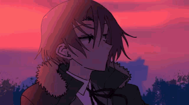 a close up of a person 's face with a pink sky in the background .