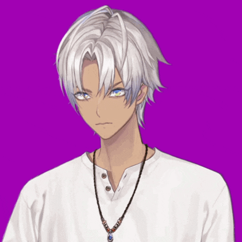 a boy with white hair and blue eyes is wearing a white shirt and a necklace