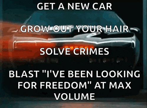 a poster that says get a new car grow out your hair solve crimes blast " i 've been looking for freedom "