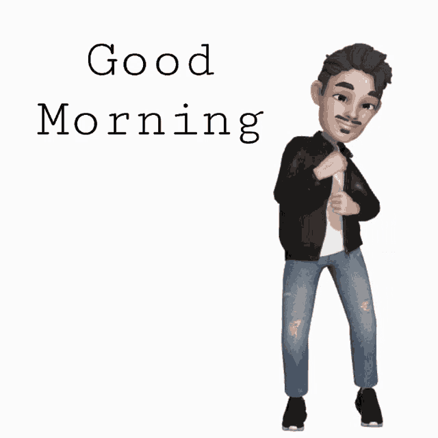 a man in a black jacket is standing in front of a white background that says good morning