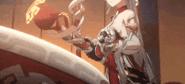 a girl in a red and white dress is holding a sword in her hands .
