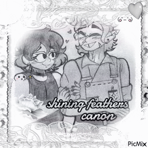 a drawing of a man and a woman with the words shining feathers canon