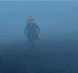 a silhouette of a man in a suit and tie stands in the fog