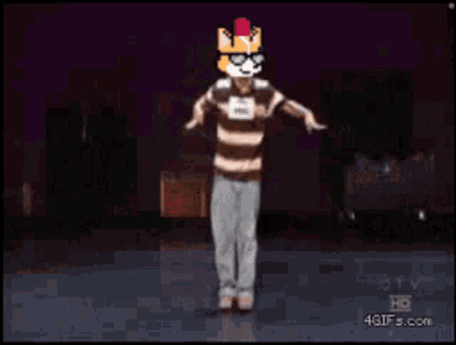 a man with a cat mask on his head is dancing
