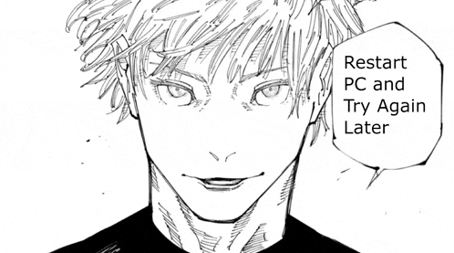 a black and white drawing of a man 's face with the words `` restart pc and try again later '' .