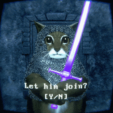 a cat in a knight 's armor holding a purple sword with the words let him join below it