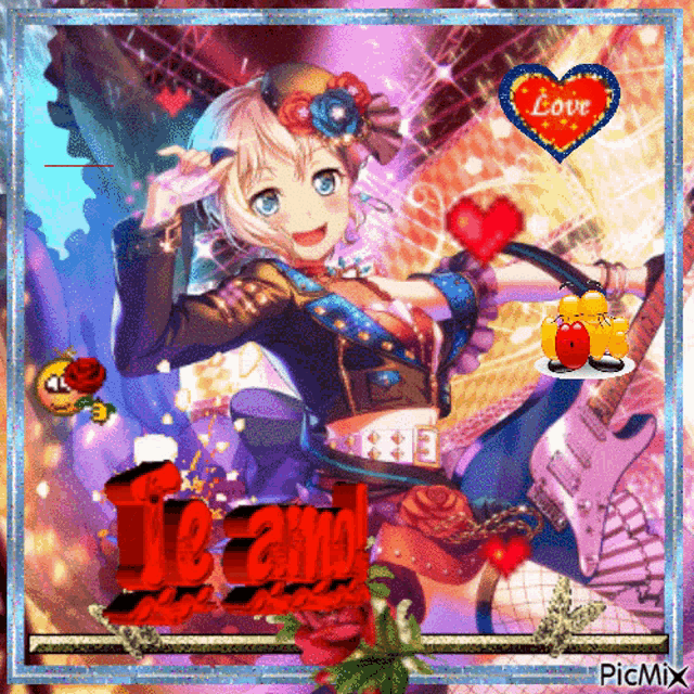 a picture of a girl with a guitar and a heart with the word love