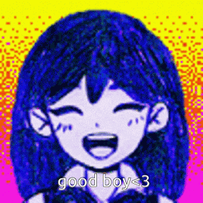 a girl with blue hair is laughing with the words `` good boy < 3 '' written below her .