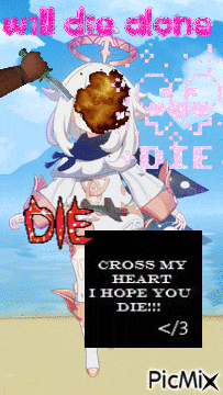 a picture of a girl holding a sword with the words cross my heart i hope you die