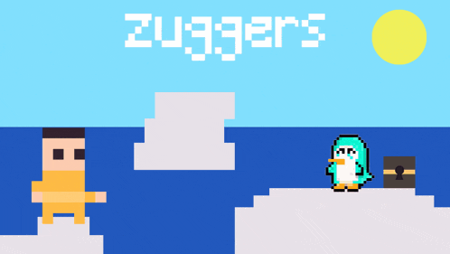 a pixel art drawing of a man and a penguin with the words zugger 's on the top