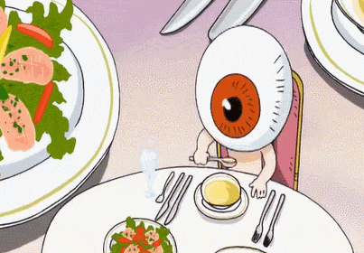 a cartoon drawing of a person sitting at a table with plates of food