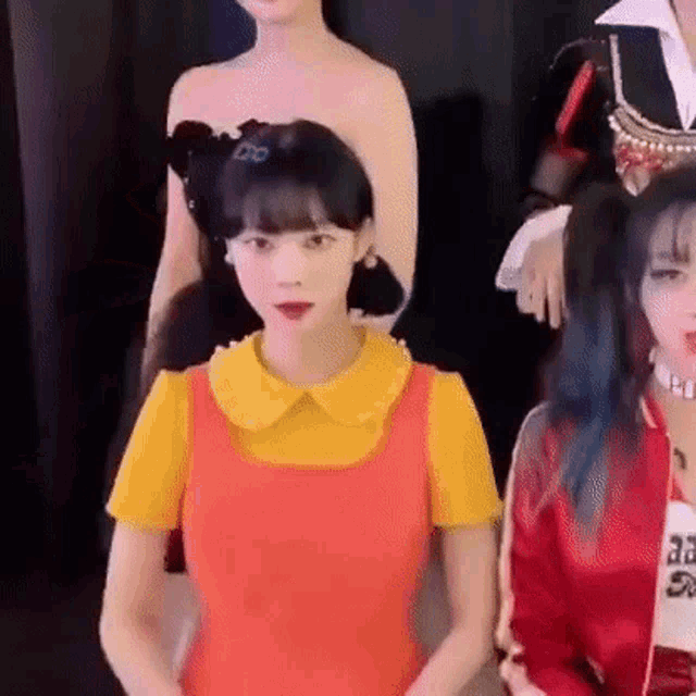 a group of women are standing next to each other and one of them is wearing a red and yellow squid game costume .