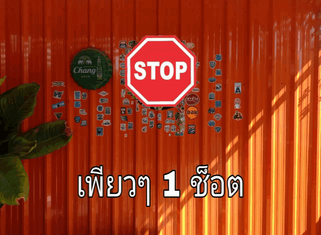 a stop sign is displayed on a wall with many stickers on it