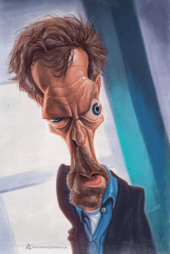 a caricature of a man with a blue eye and the website anthonygeoffroy.com
