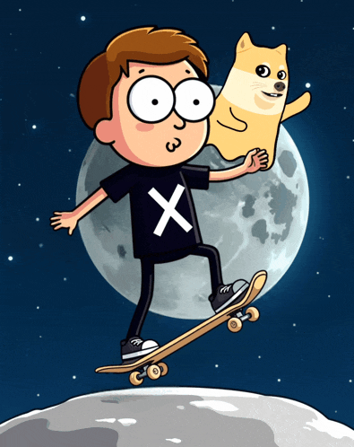 a cartoon of a boy riding a skateboard with a doge on his shoulder