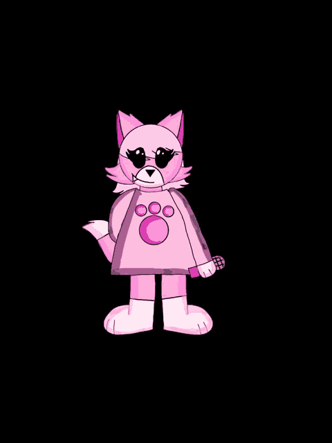 a cartoon of a pink cat holding a microphone