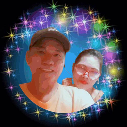 a man and a woman are posing for a picture with colorful stars in the background