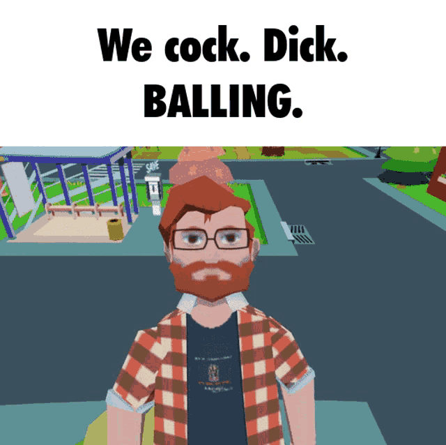 a man with glasses and a beard is standing in front of a sign that says " we cock dick balling "